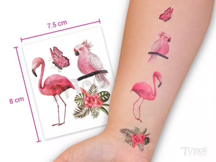 Exotische Tattoo-Aufkleber mit Flamingo und Papagei