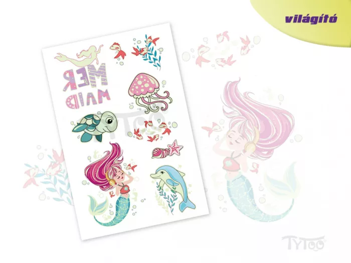 Leuchtende Rosa Meerjungfrau mit Schildkröte Tattoo Sticker