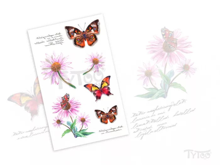 Orangefarbene Schmetterlinge und Rosa Blumen Tattoo Aufkleber